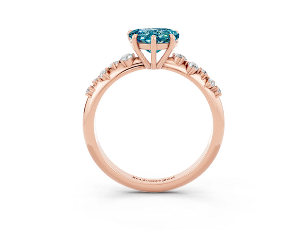 Rose gold Heart Cut Blue Topaz Cluster Side Stone Solitaire Ring with Prong Setting