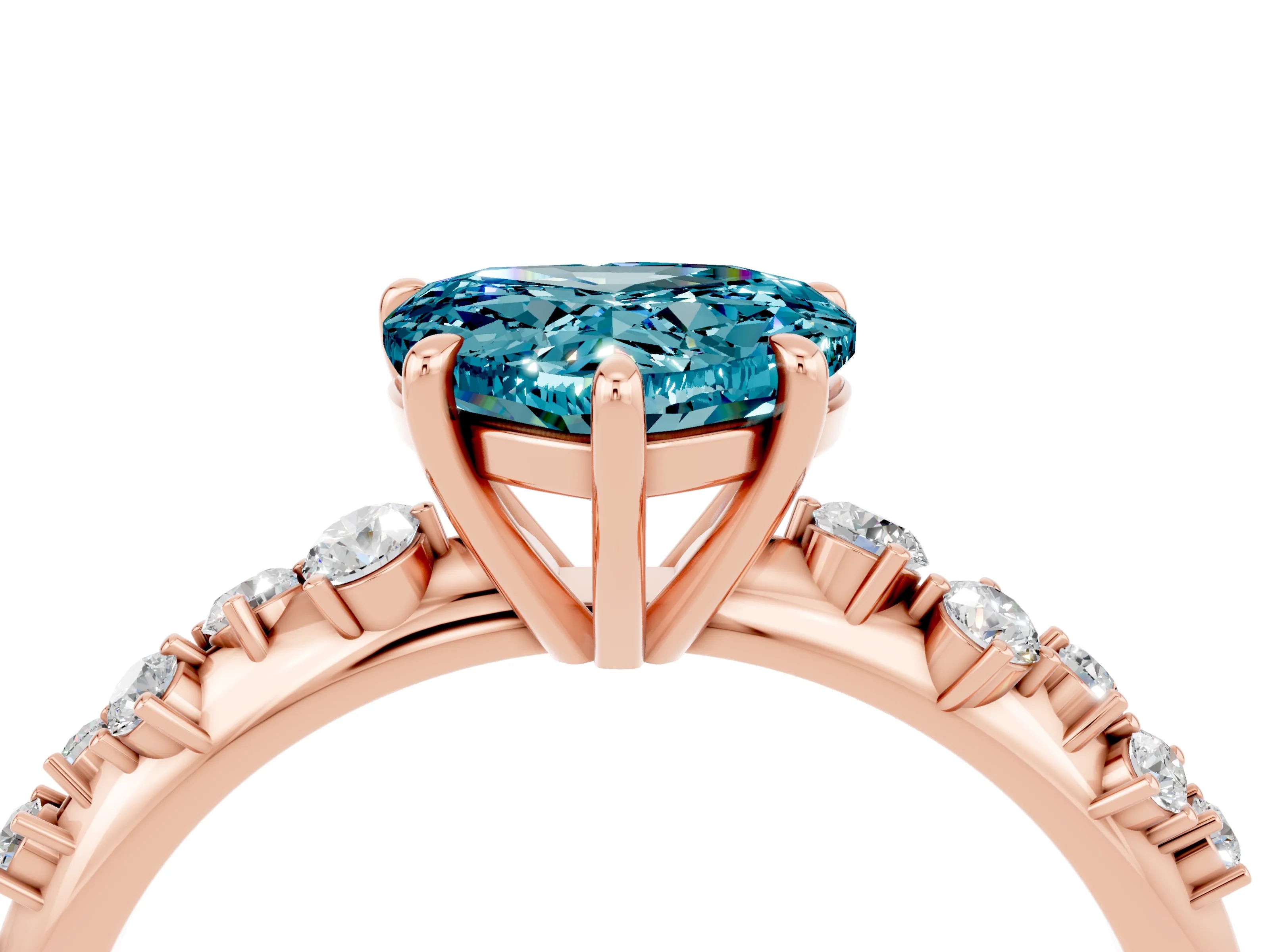 Rose gold Heart Cut Blue Topaz Cluster Side Stone Solitaire Ring with Prong Setting_28