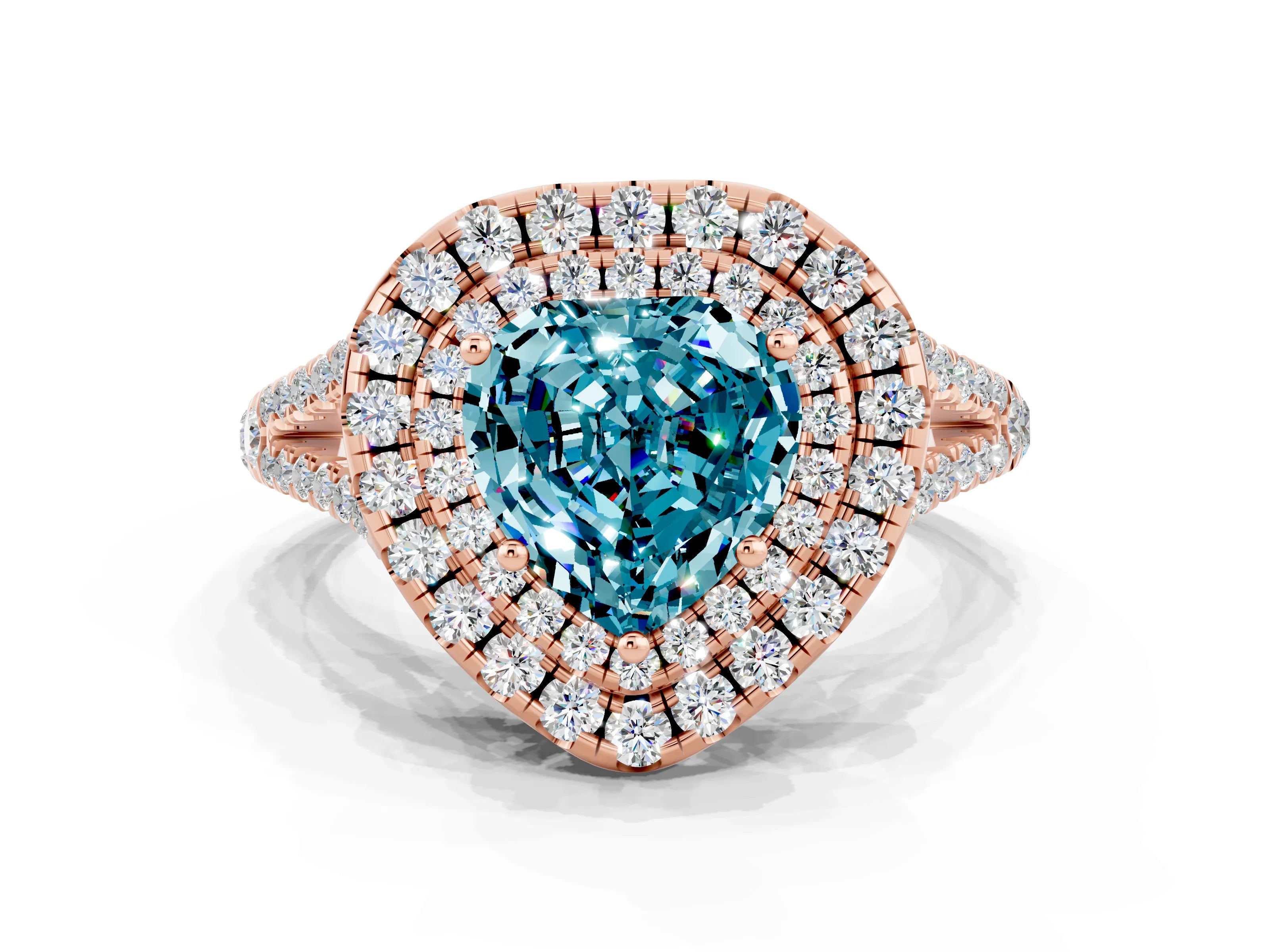 Rose gold Heart Cut Blue Topaz Double Halo Ring with Pavé Band and Prong Setting_12