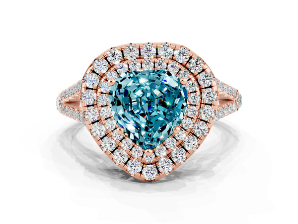 Rose gold Heart Cut Blue Topaz Double Halo Ring with Pavé Band and Prong Setting