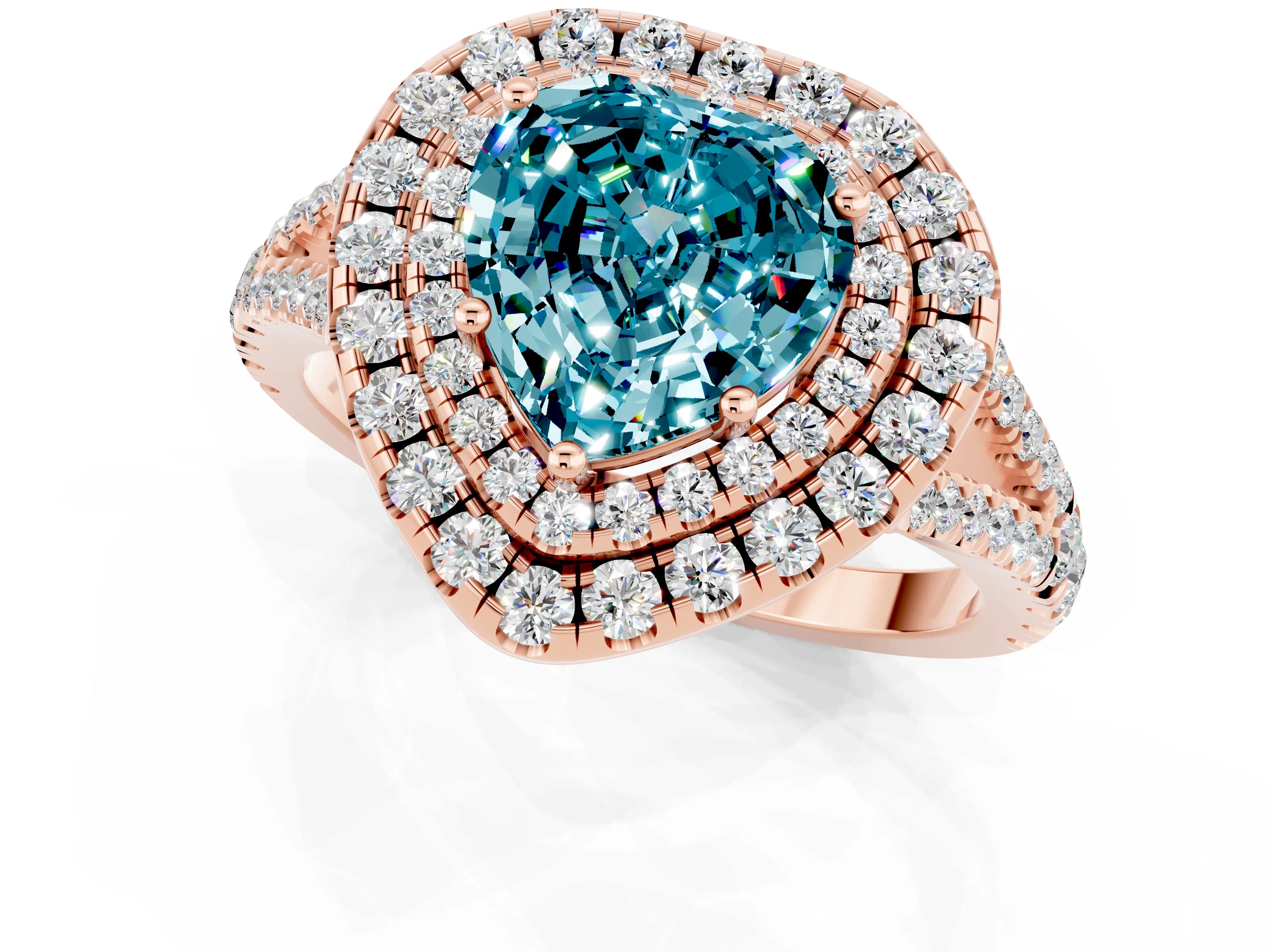 Rose gold Heart Cut Blue Topaz Double Halo Ring with Pavé Band and Prong Setting_13