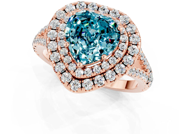 Rose gold Heart Cut Blue Topaz Double Halo Ring with Pavé Band and Prong Setting