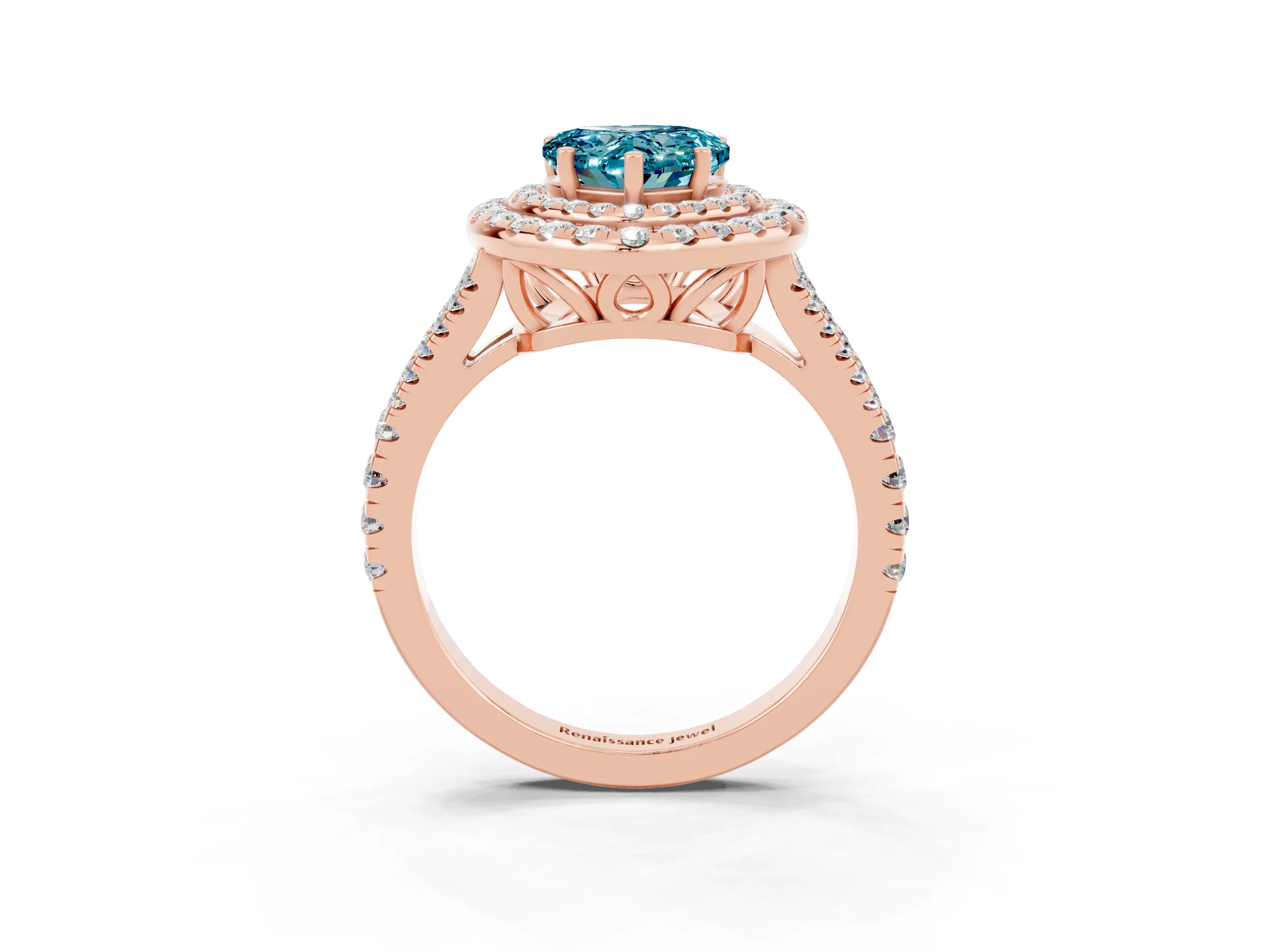 Rose gold Heart Cut Blue Topaz Double Halo Ring with Pavé Band and Prong Setting_15