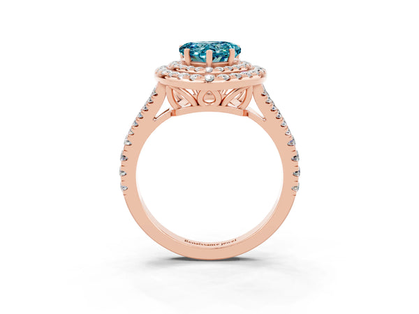 Rose gold Heart Cut Blue Topaz Double Halo Ring with Pavé Band and Prong Setting