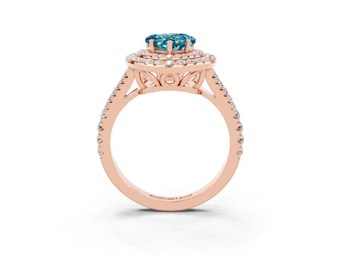 Rose gold Heart Cut Blue Topaz Double Halo Ring with Pavé Band and Prong Setting_15