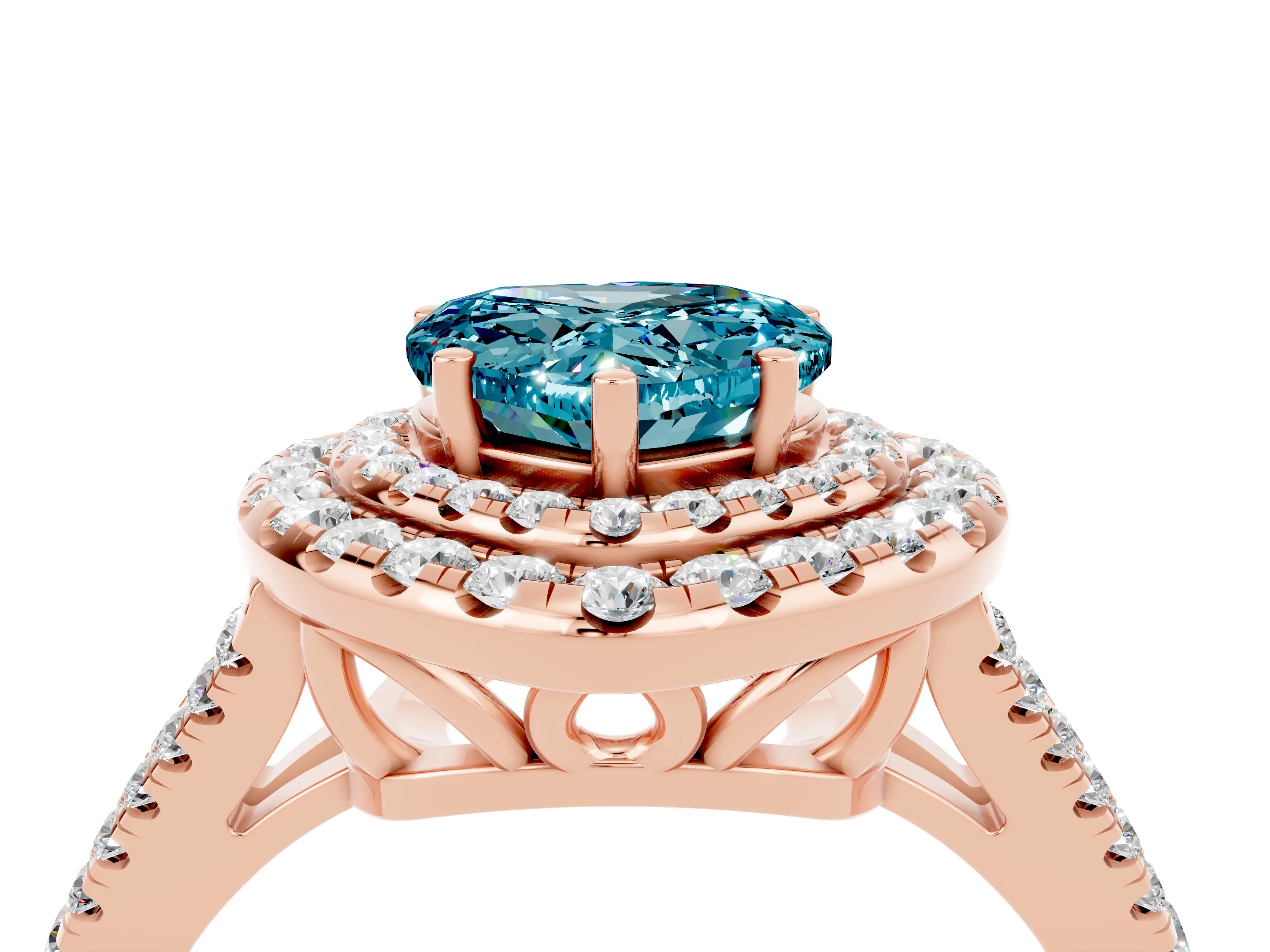 Rose gold Heart Cut Blue Topaz Double Halo Ring with Pavé Band and Prong Setting_16
