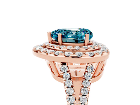 Rose gold Heart Cut Blue Topaz Double Halo Ring with Pavé Band and Prong Setting_17