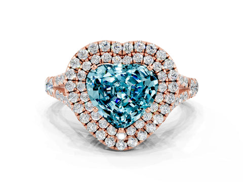 Rose gold Heart Cut Blue Topaz Double Halo Ring with Split Shank and Prong Setting_12