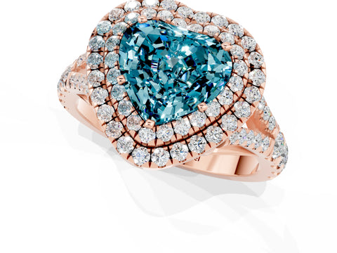 Rose gold Heart Cut Blue Topaz Double Halo Ring with Split Shank and Prong Setting_13