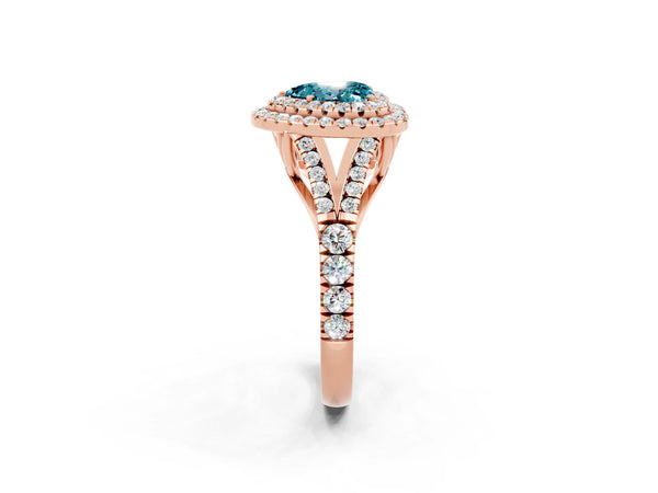 Rose gold Heart Cut Blue Topaz Double Halo Ring with Split Shank and Prong Setting