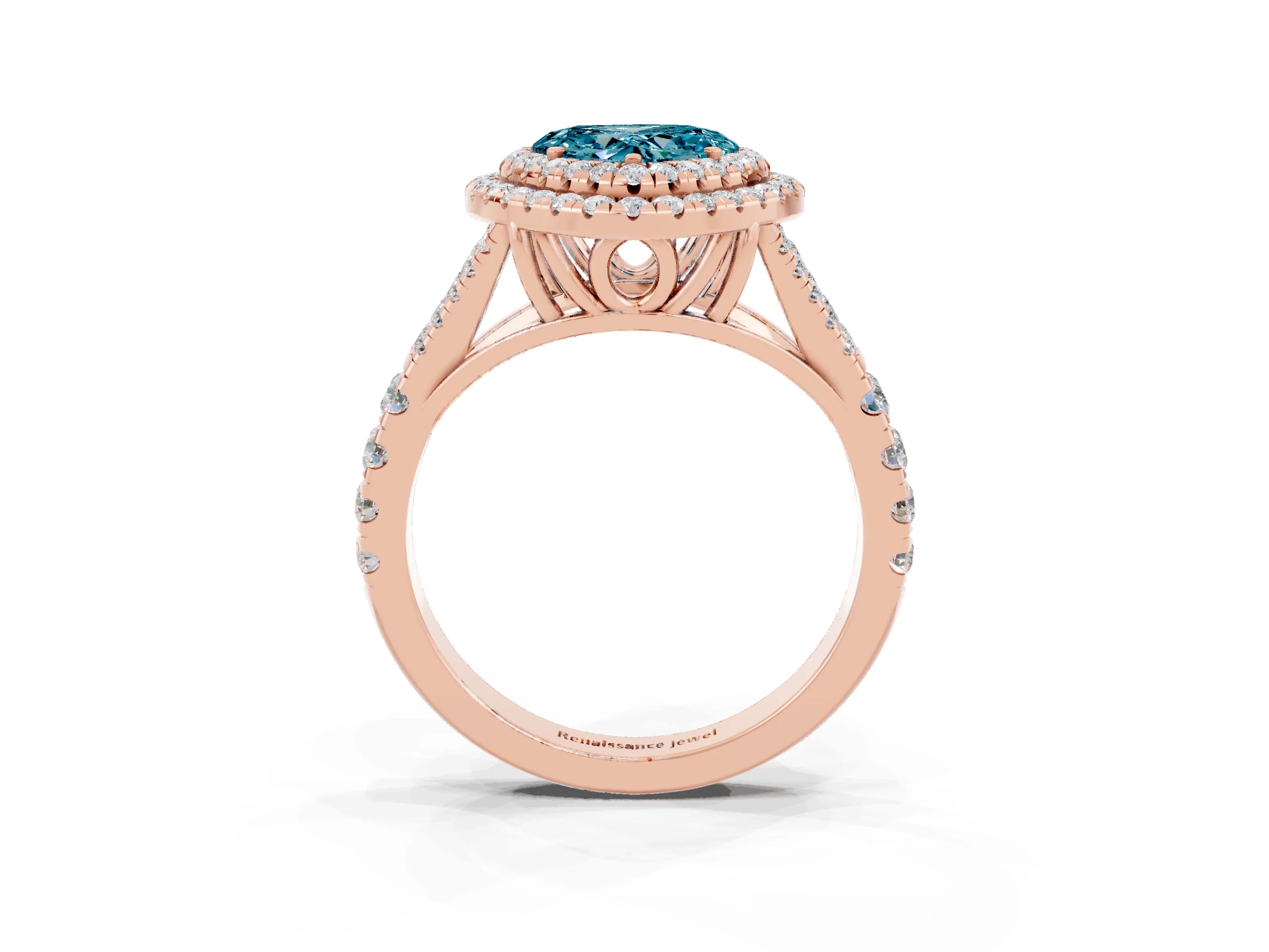 Rose gold Heart Cut Blue Topaz Double Halo Ring with Split Shank and Prong Setting_15