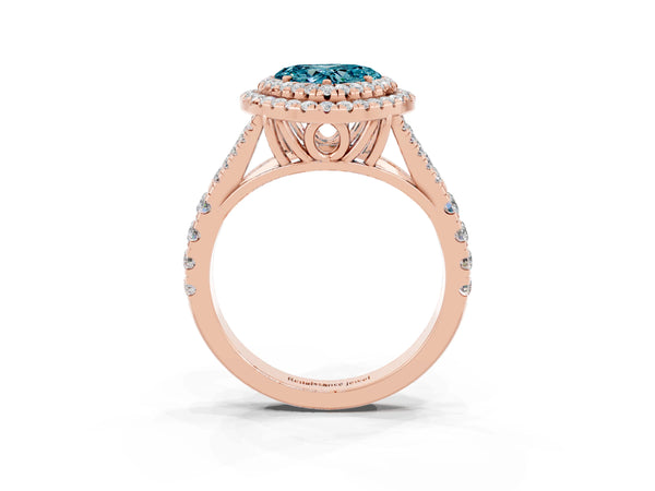 Rose gold Heart Cut Blue Topaz Double Halo Ring with Split Shank and Prong Setting
