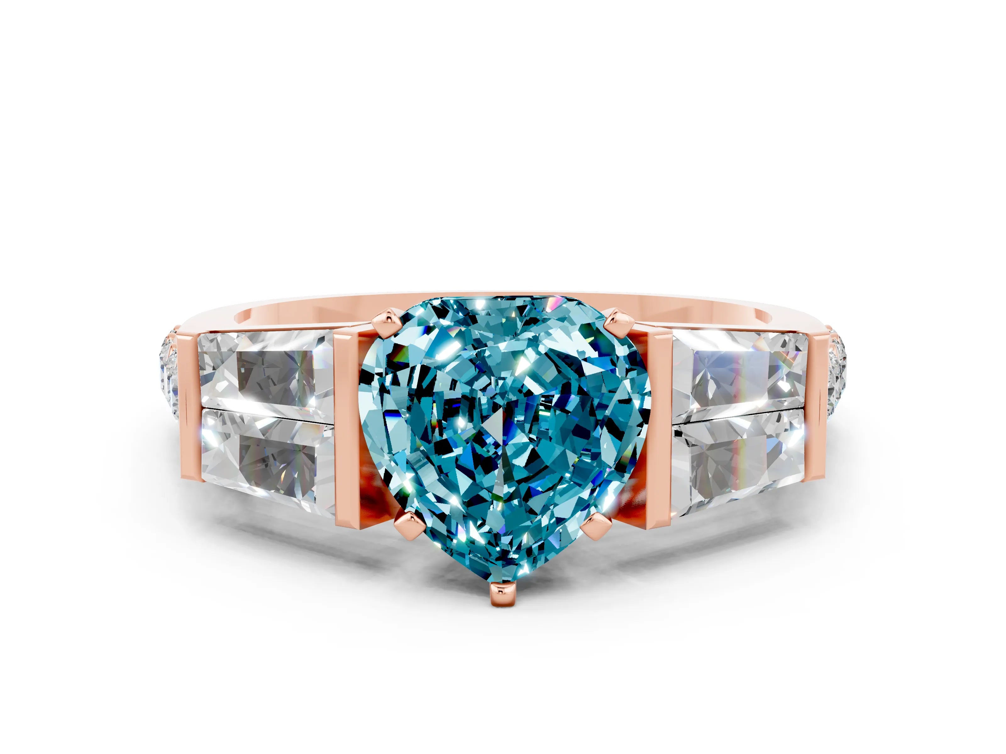 Rose gold Heart Cut Blue Topaz Engagement Ring with Baguette Side Stones and Channel Set Band