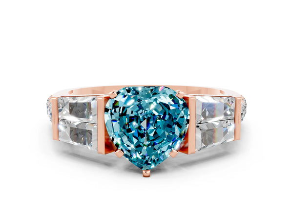 Rose gold Heart Cut Blue Topaz Engagement Ring with Baguette Side Stones and Channel Set Band