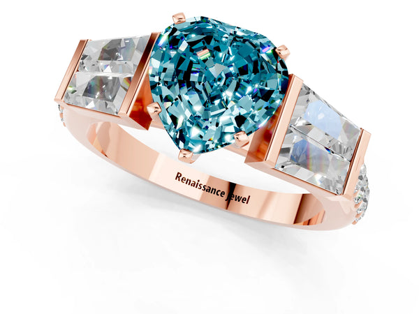 Rose gold Heart Cut Blue Topaz Engagement Ring with Baguette Side Stones and Channel Set Band