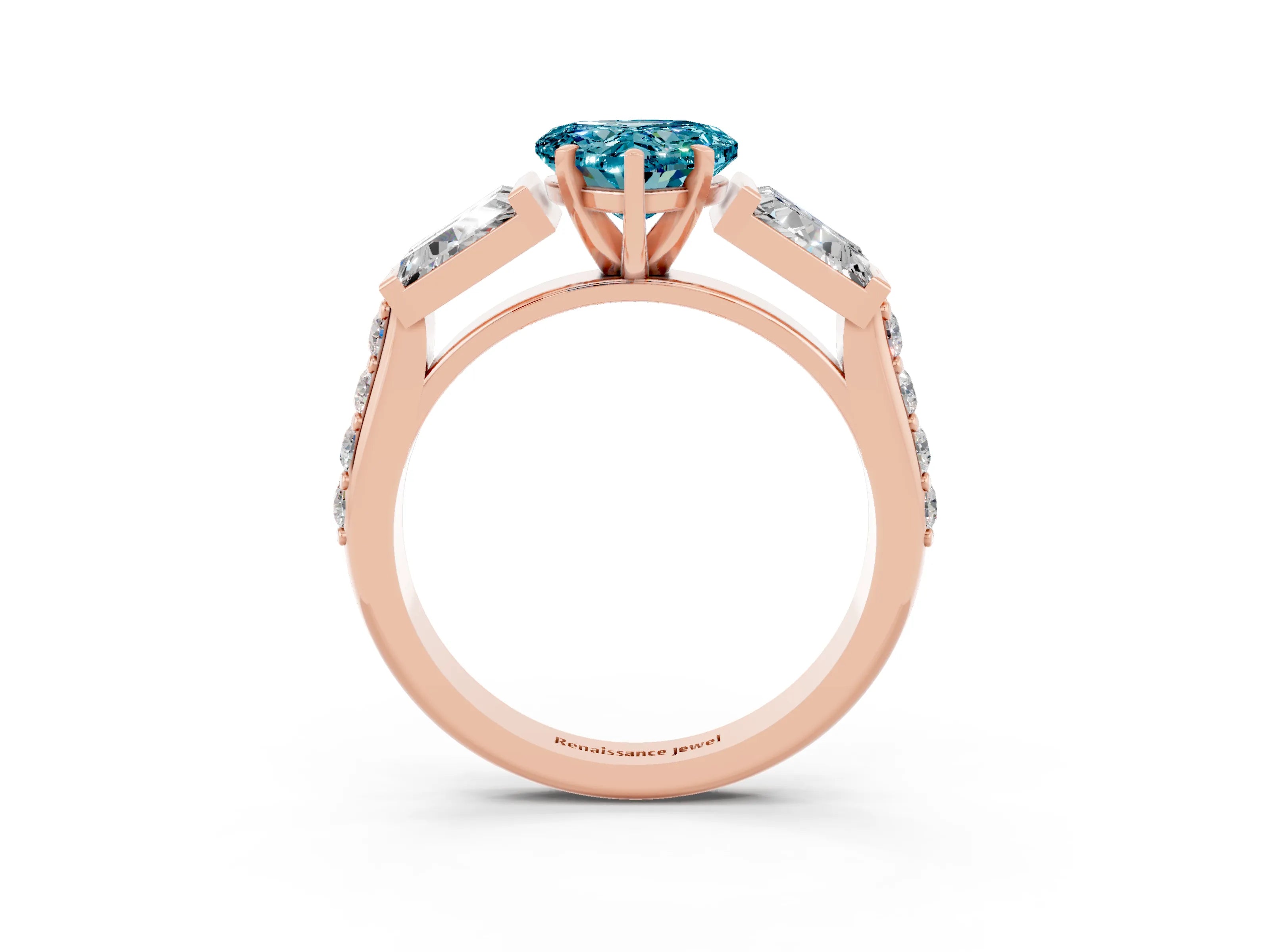 Rose gold Heart Cut Blue Topaz Engagement Ring with Baguette Side Stones and Channel Set Band_3