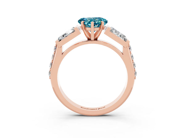 Rose gold Heart Cut Blue Topaz Engagement Ring with Baguette Side Stones and Channel Set Band