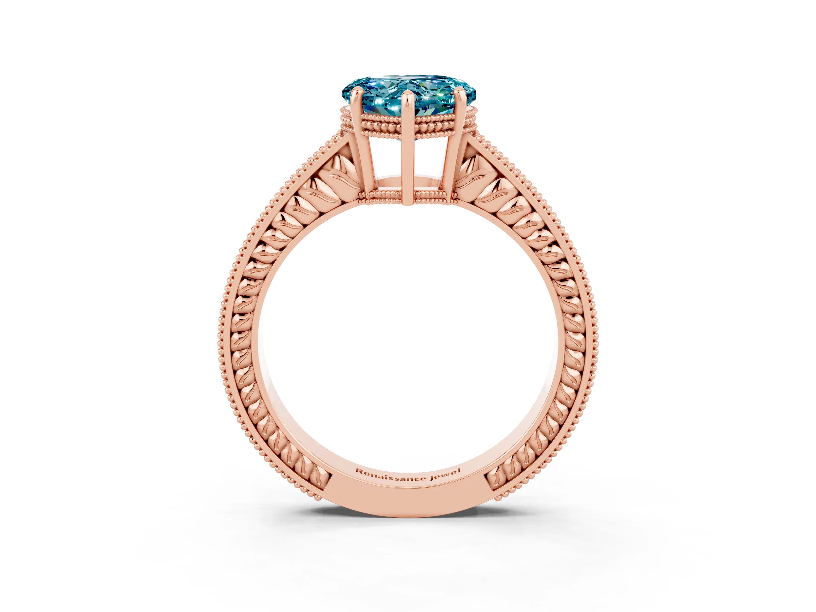 Rose gold Heart Cut Blue Topaz Engagement Ring with Milgrain Channel Set Band and Prong Setting_3