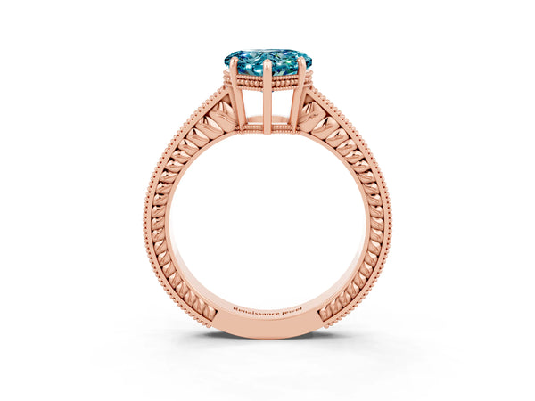 Rose gold Heart Cut Blue Topaz Engagement Ring with Milgrain Channel Set Band and Prong Setting
