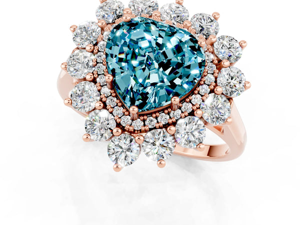 Rose gold Heart Cut Blue Topaz Floral Double Halo Engagement Ring with Prong Setting