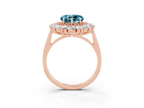 Rose gold Heart Cut Blue Topaz Floral Double Halo Engagement Ring with Prong Setting