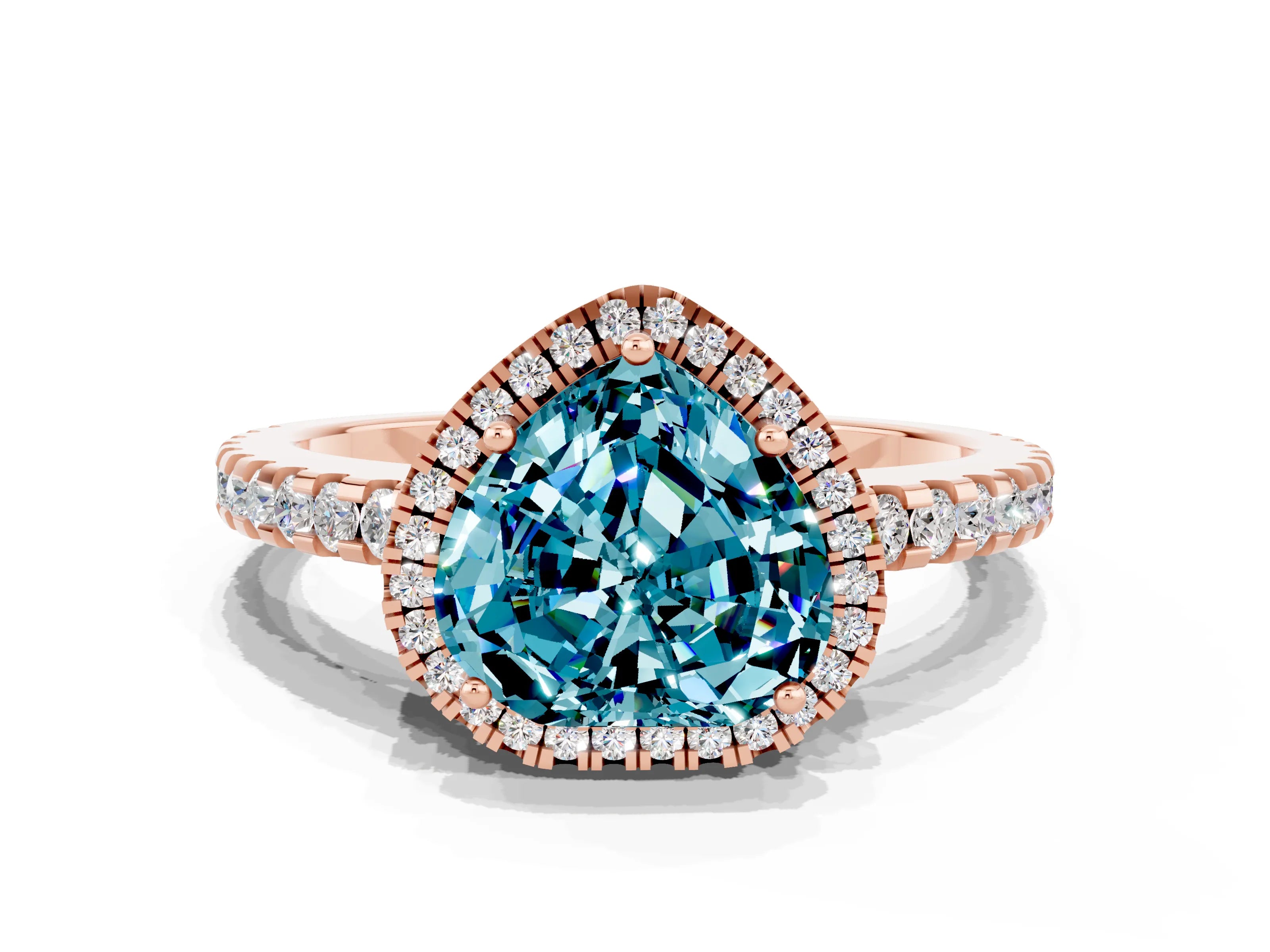 Rose gold Heart Cut Blue Topaz Halo Engagement Ring with Pavé Band and Prong Setting_12