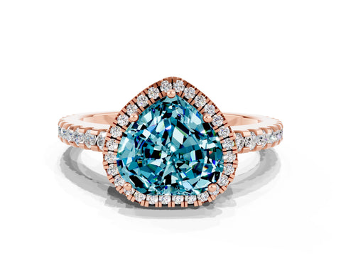 Rose gold Heart Cut Blue Topaz Halo Engagement Ring with Pavé Band and Prong Setting_12