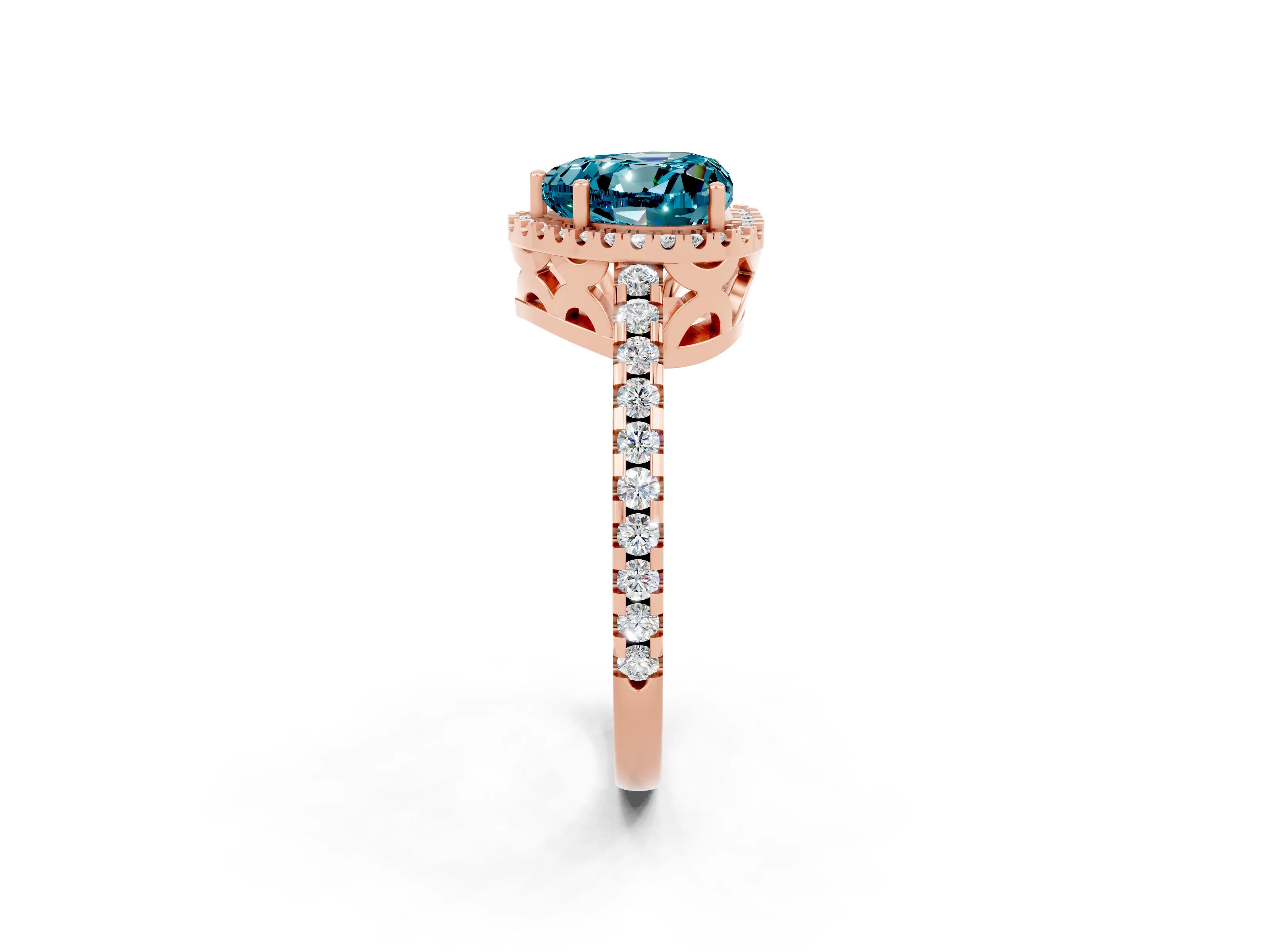 Rose gold Heart Cut Blue Topaz Halo Engagement Ring with Pavé Band and Prong Setting_14