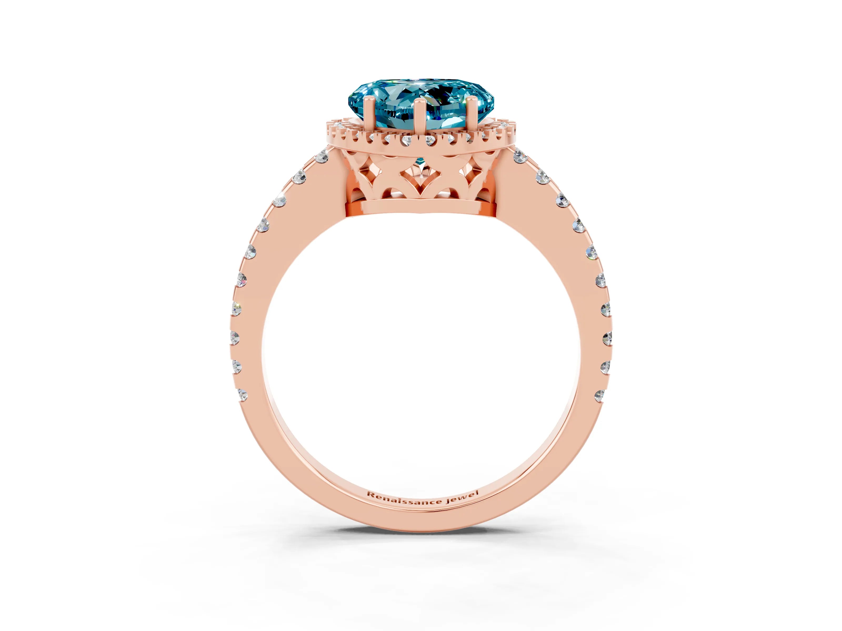 Rose gold Heart Cut Blue Topaz Halo Engagement Ring with Pavé Band and Prong Setting_15