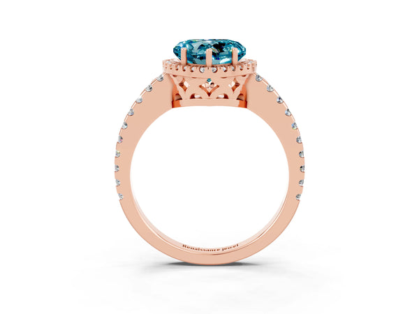 Rose gold Heart Cut Blue Topaz Halo Engagement Ring with Pavé Band and Prong Setting