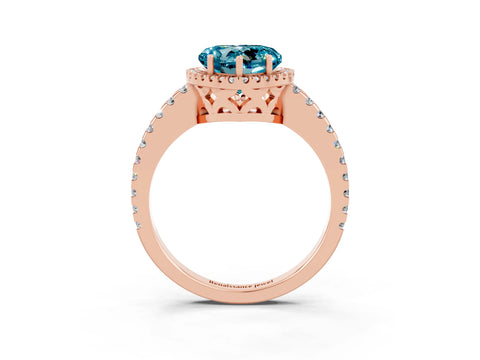 Rose gold Heart Cut Blue Topaz Halo Engagement Ring with Pavé Band and Prong Setting_15