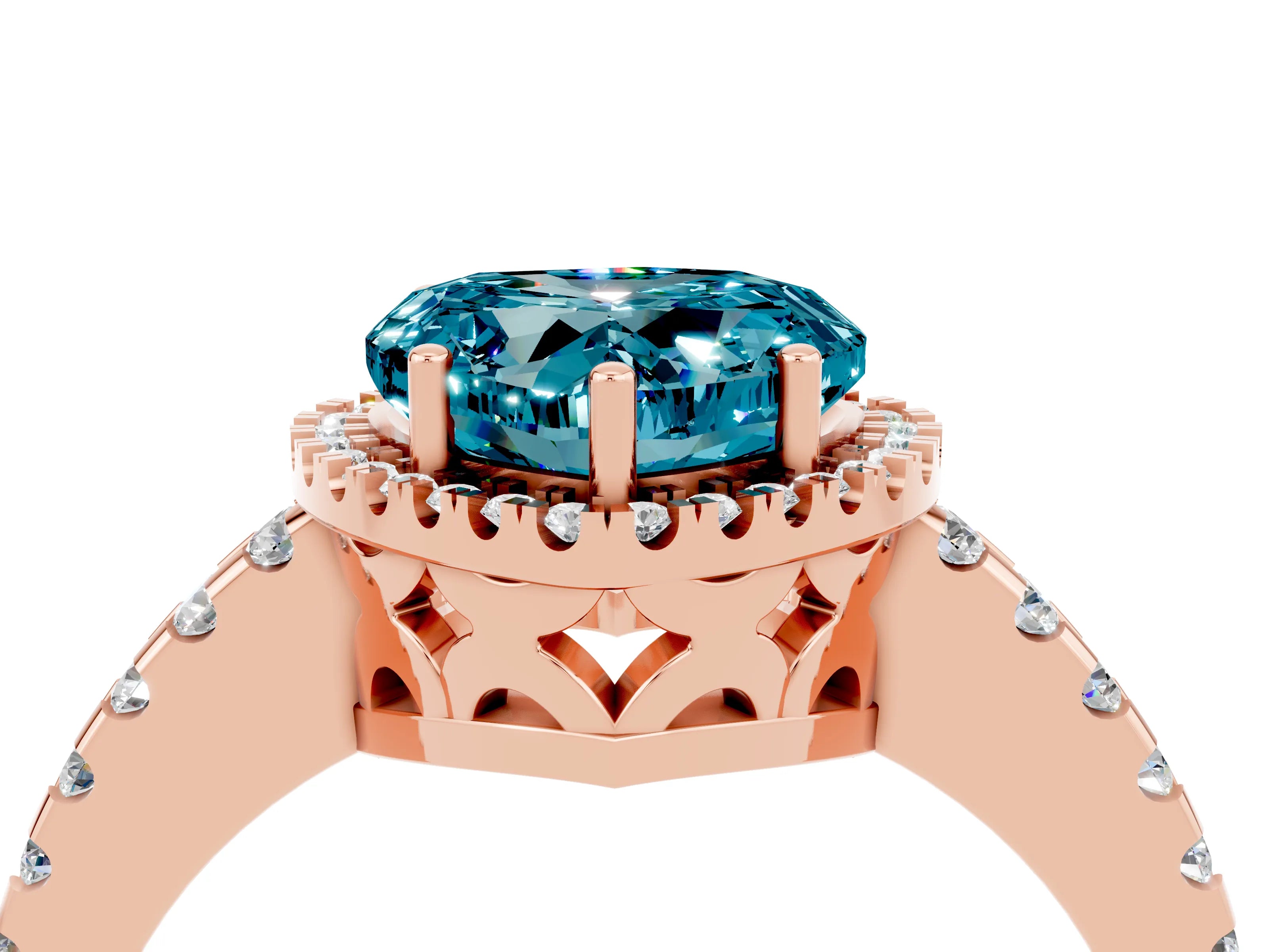 Rose gold Heart Cut Blue Topaz Halo Engagement Ring with Pavé Band and Prong Setting_16