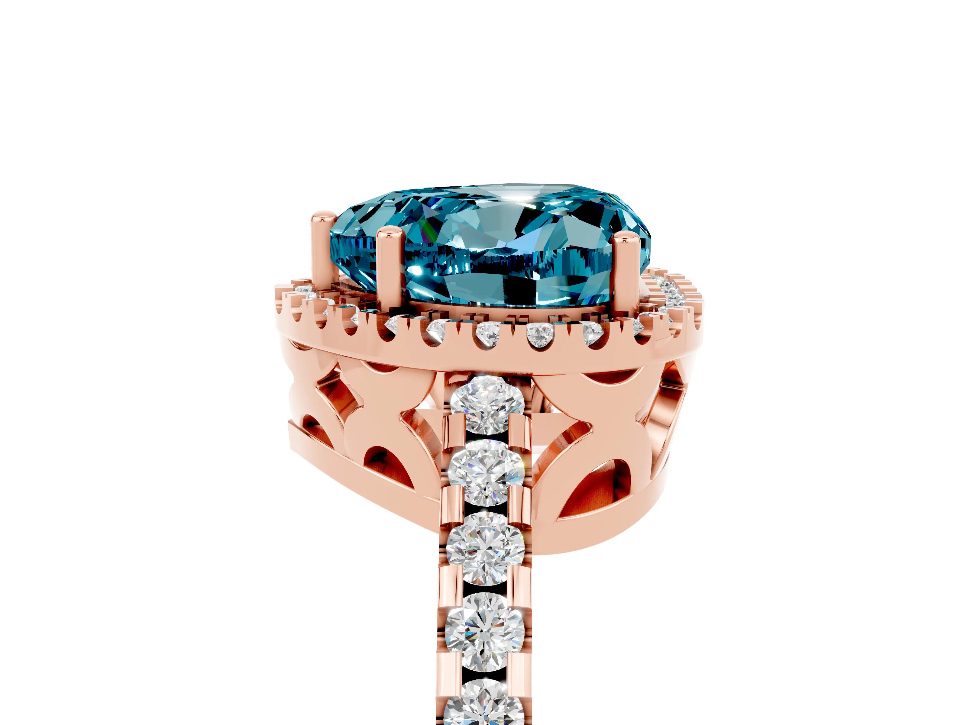 Rose gold Heart Cut Blue Topaz Halo Engagement Ring with Pavé Band and Prong Setting_17