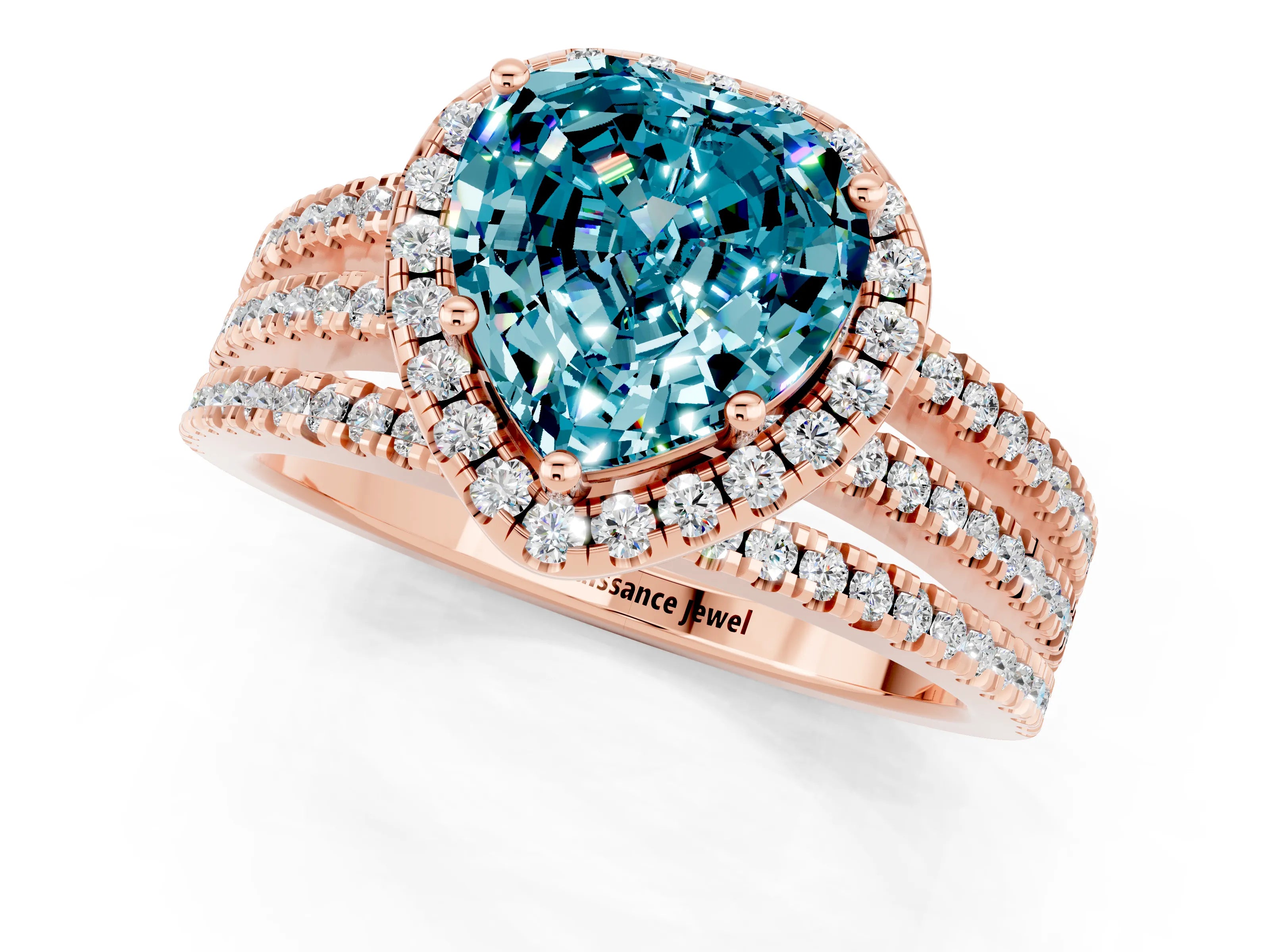 Rose gold Heart Cut Blue Topaz Halo Engagement Ring with Split Shank and Four-Prong Setting_1