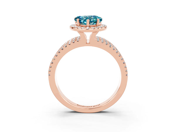 Rose gold Heart Cut Blue Topaz Halo Engagement Ring with Split Shank and Four-Prong Setting