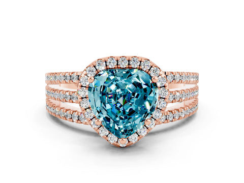 Rose gold Heart Cut Blue Topaz Halo Engagement Ring with Split Shank and Four-Prong Setting
