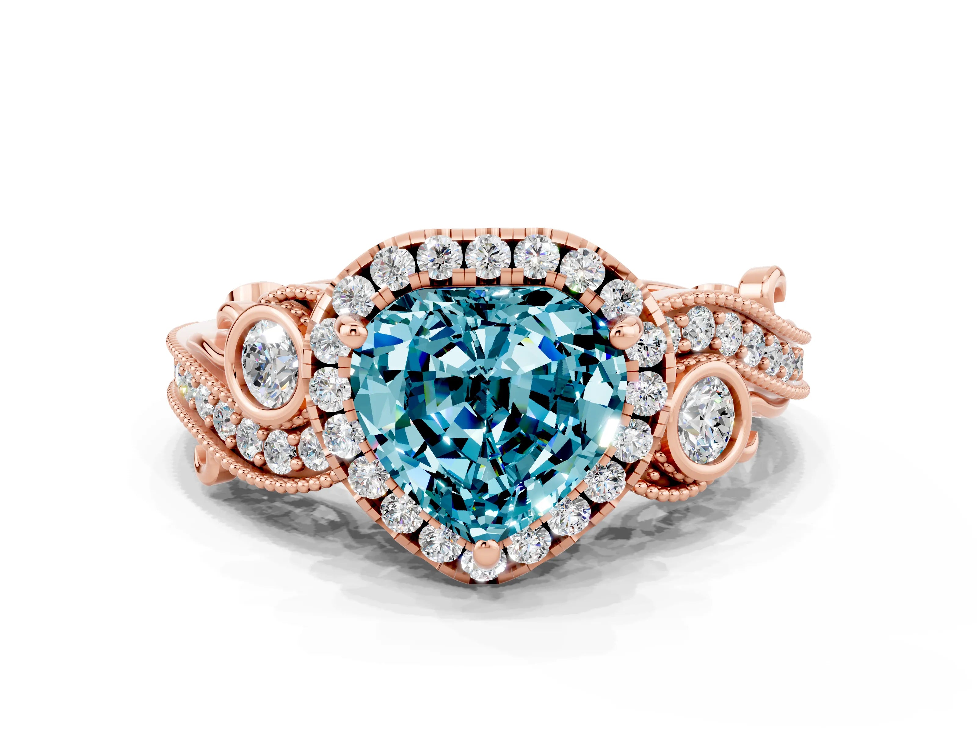Rose gold Heart Cut Blue Topaz Halo Ring with Milgrain Pavé Band and Four-Prong Setting_12