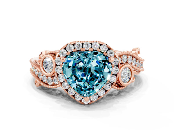 Rose gold Heart Cut Blue Topaz Halo Ring with Milgrain Pavé Band and Four-Prong Setting