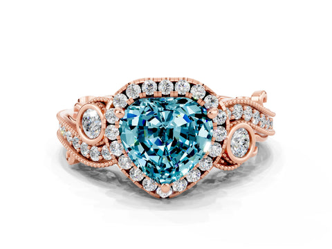 Rose gold Heart Cut Blue Topaz Halo Ring with Milgrain Pavé Band and Four-Prong Setting_12