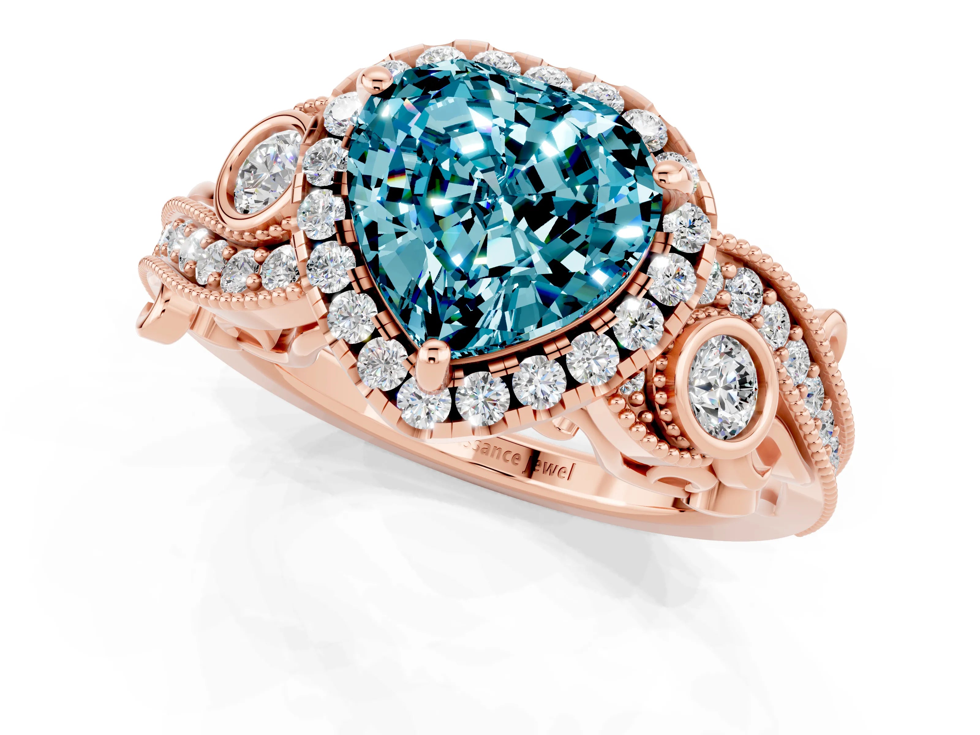 Rose gold Heart Cut Blue Topaz Halo Ring with Milgrain Pavé Band and Four-Prong Setting_13