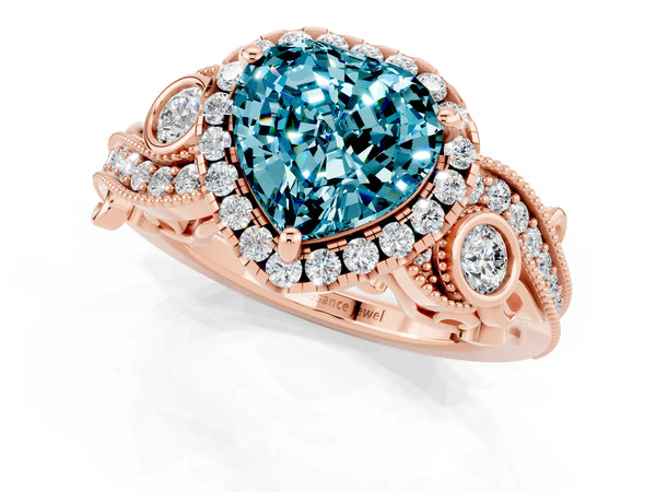 Rose gold Heart Cut Blue Topaz Halo Ring with Milgrain Pavé Band and Four-Prong Setting