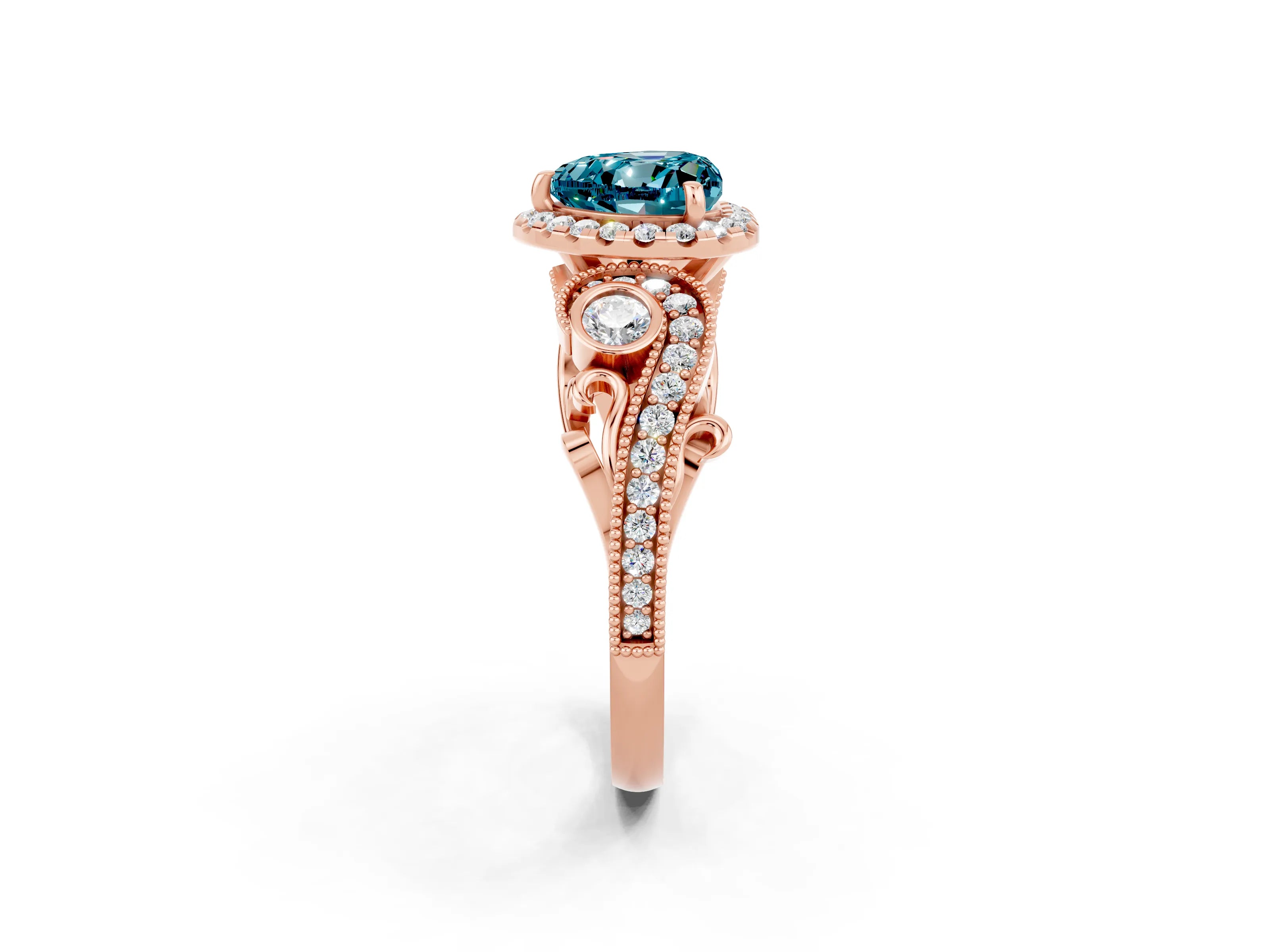 Rose gold Heart Cut Blue Topaz Halo Ring with Milgrain Pavé Band and Four-Prong Setting_14