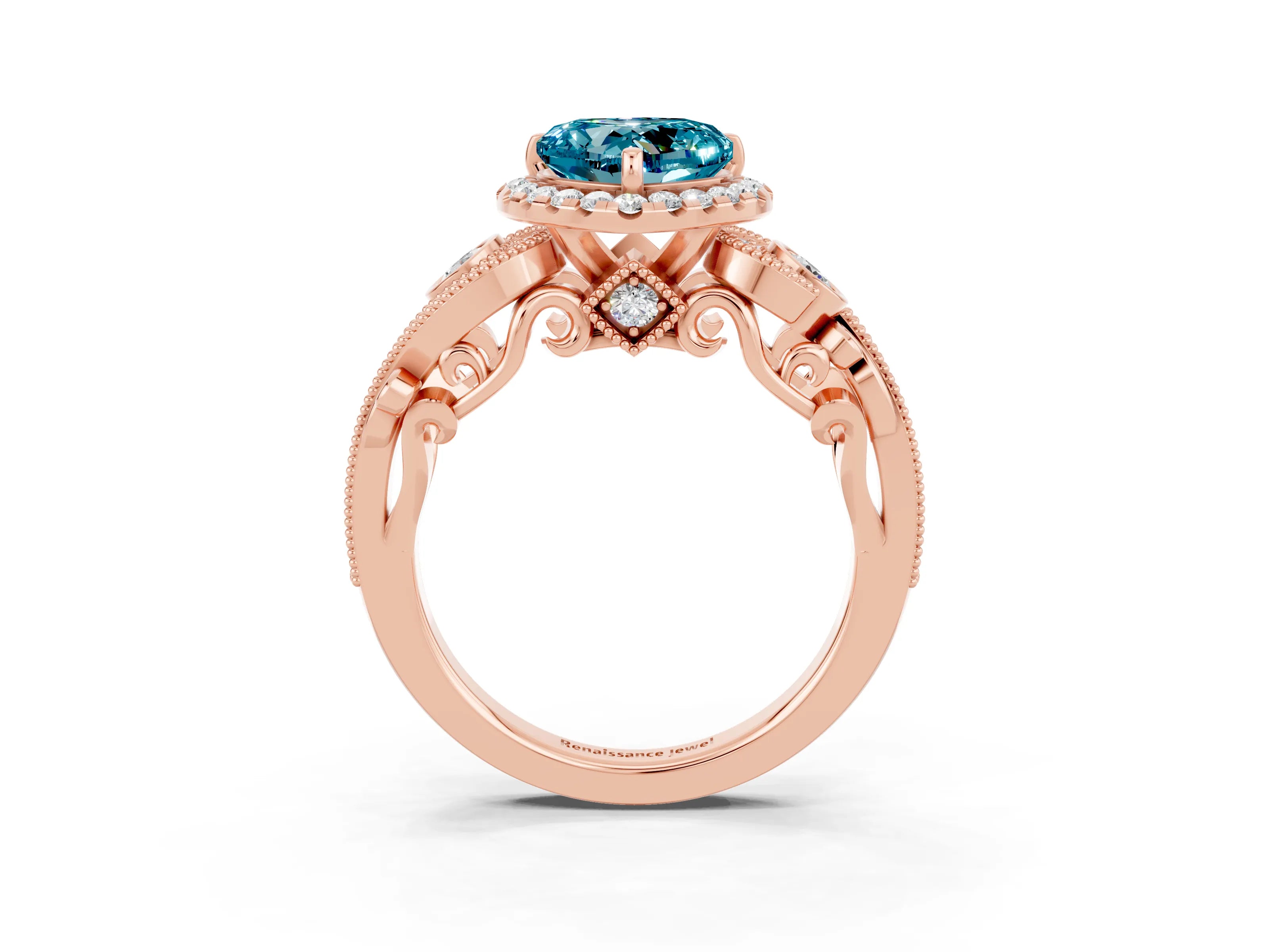 Rose gold Heart Cut Blue Topaz Halo Ring with Milgrain Pavé Band and Four-Prong Setting_15
