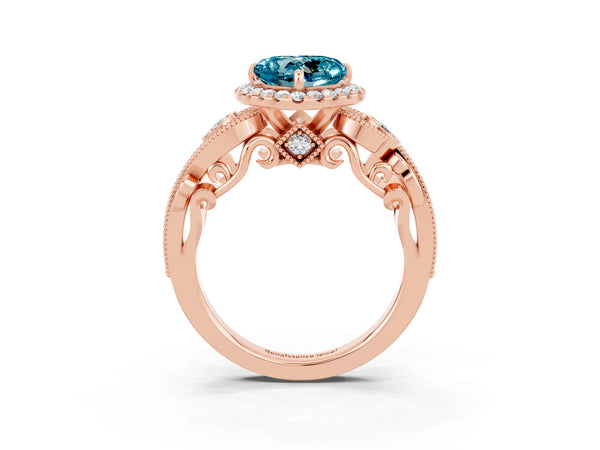 Rose gold Heart Cut Blue Topaz Halo Ring with Milgrain Pavé Band and Four-Prong Setting