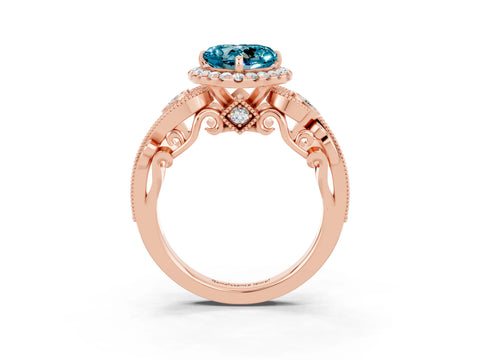 Rose gold Heart Cut Blue Topaz Halo Ring with Milgrain Pavé Band and Four-Prong Setting_15