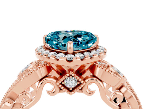 Rose gold Heart Cut Blue Topaz Halo Ring with Milgrain Pavé Band and Four-Prong Setting_16