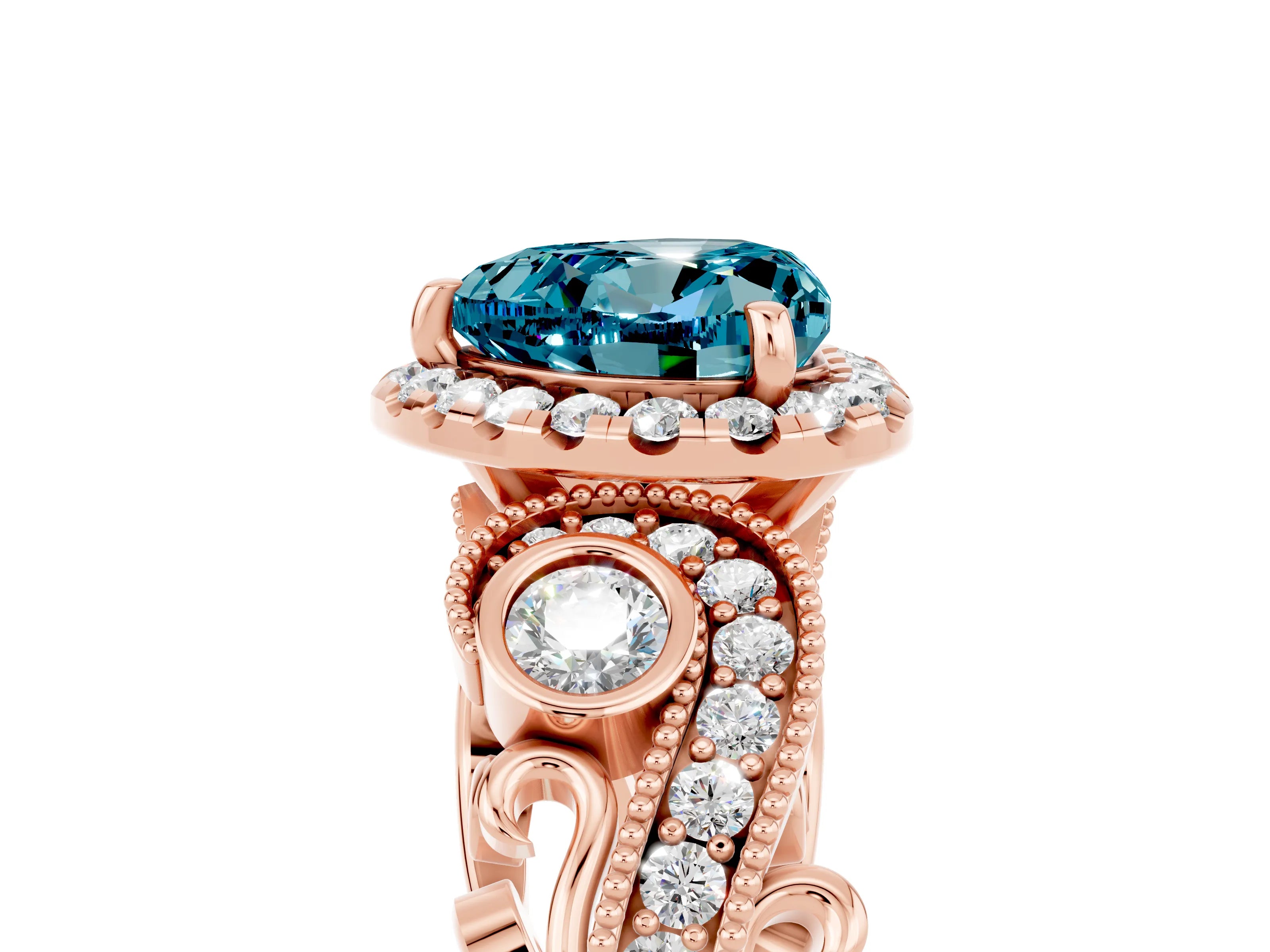 Rose gold Heart Cut Blue Topaz Halo Ring with Milgrain Pavé Band and Four-Prong Setting_17