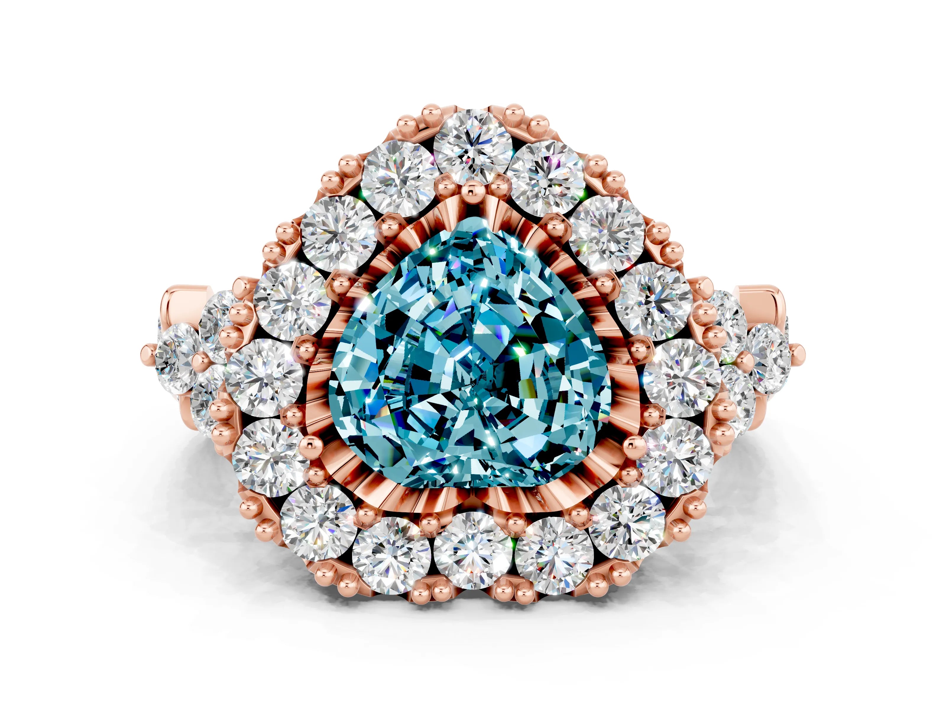 Rose gold Heart Cut Blue Topaz Halo Ring with Pavé Band and Four-Prong Setting_12
