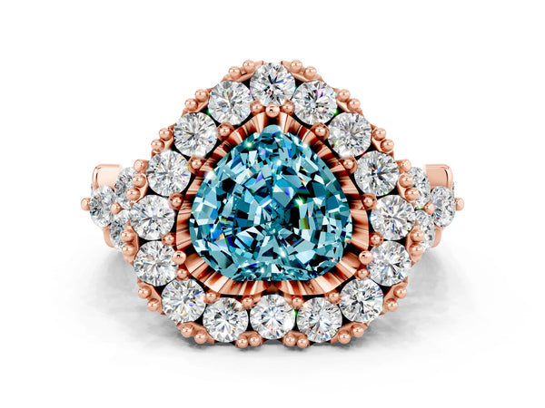 Rose gold Heart Cut Blue Topaz Halo Ring with Pavé Band and Four-Prong Setting
