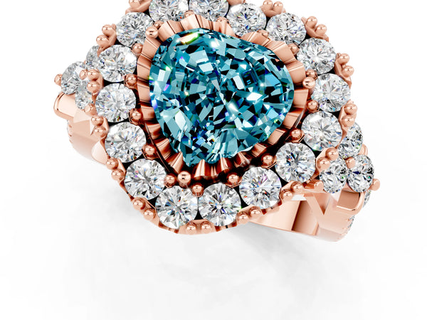 Rose gold Heart Cut Blue Topaz Halo Ring with Pavé Band and Four-Prong Setting